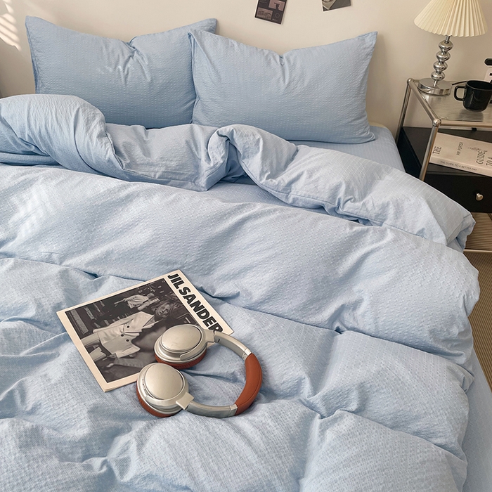 91家纺网 家纺一手货源 找家纺 卡迪熊家纺 2026新款软糯泡芙纱纯色四件套 泡芙-海盐浅蓝