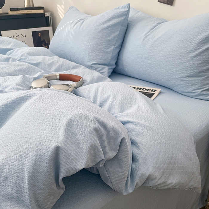 91家纺网 家纺一手货源 找家纺 卡迪熊家纺 2026新款软糯泡芙纱纯色四件套 泡芙-海盐浅蓝