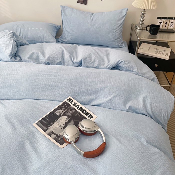 91家纺网 家纺一手货源 找家纺 卡迪熊家纺 2026新款软糯泡芙纱纯色四件套 泡芙-海盐浅蓝