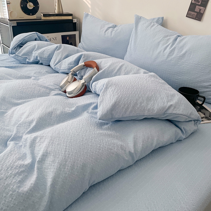 91家纺网 家纺一手货源 找家纺 卡迪熊家纺 2026新款软糯泡芙纱纯色四件套 泡芙-海盐浅蓝