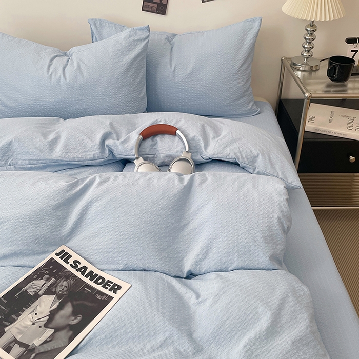 91家纺网 家纺一手货源 找家纺 卡迪熊家纺 2026新款软糯泡芙纱纯色四件套 泡芙-海盐浅蓝