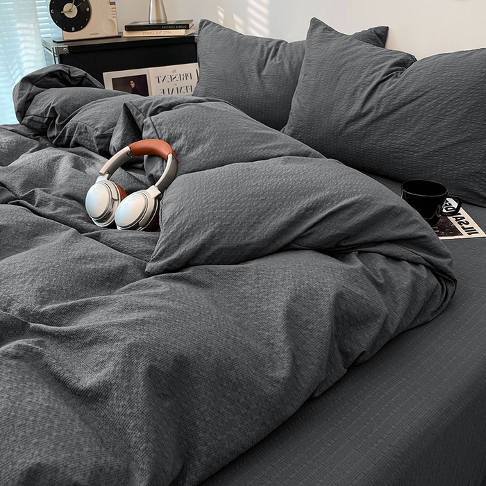 91家纺网 家纺一手货源 找家纺 卡迪熊家纺 2026新款软糯泡芙纱纯色四件套 泡芙-暮云灰寂