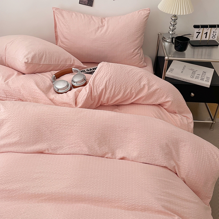 91家纺网 家纺一手货源 找家纺 卡迪熊家纺 2026新款软糯泡芙纱纯色四件套 泡芙-桃雾柔粉