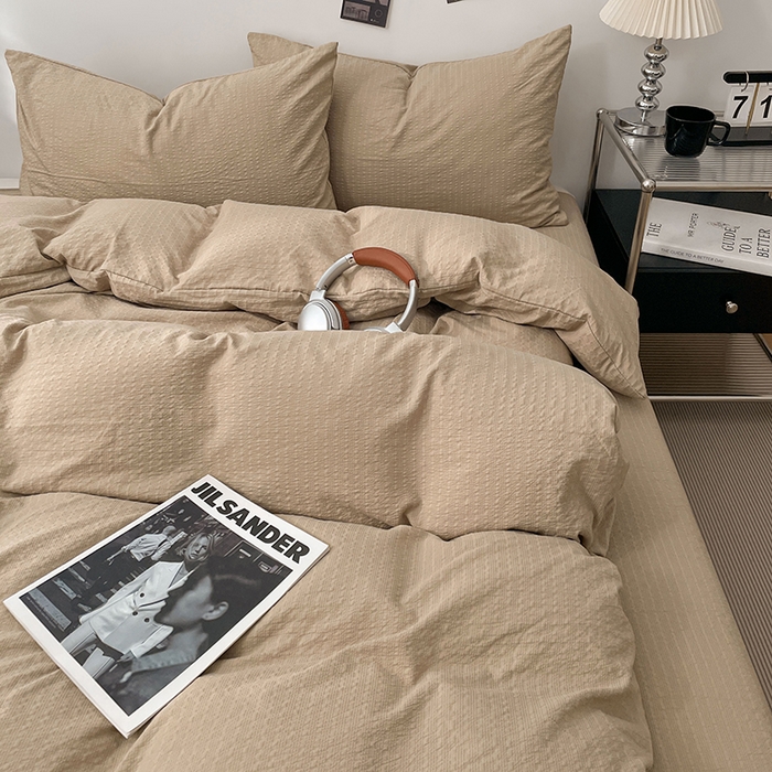 91家纺网 家纺一手货源 找家纺 卡迪熊家纺 2026新款软糯泡芙纱纯色四件套 泡芙-燕麦柔咖