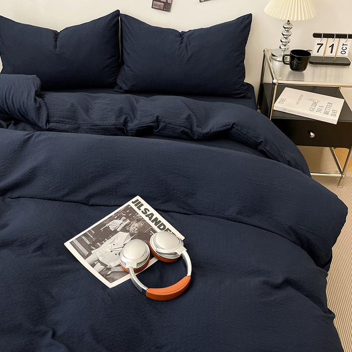 91家纺网 家纺一手货源 找家纺 卡迪熊家纺 2026新款软糯泡芙纱纯色四件套 泡芙-深海墨蓝