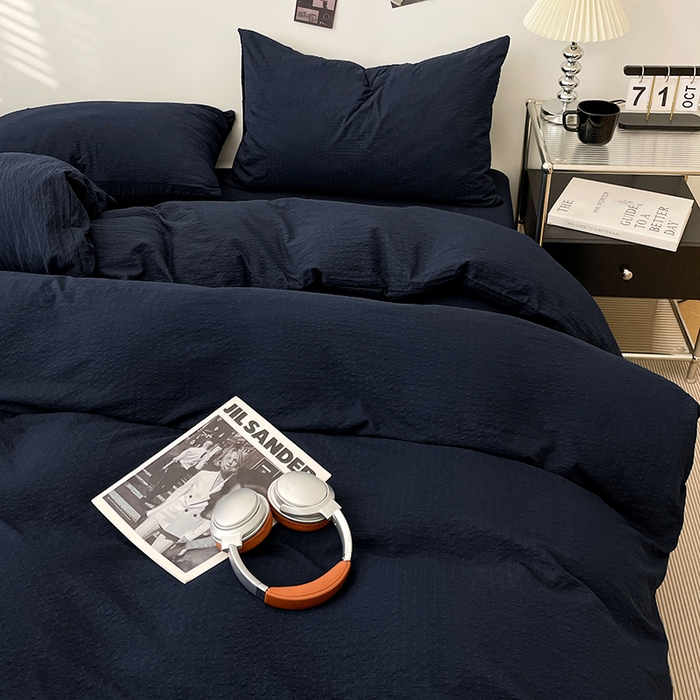 91家纺网 家纺一手货源 找家纺 卡迪熊家纺 2026新款软糯泡芙纱纯色四件套 泡芙-深海墨蓝