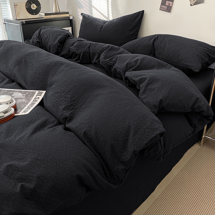 91家纺网 家纺一手货源 找家纺 卡迪熊家纺 2026新款软糯泡芙纱纯色四件套 泡芙-夜影墨黑