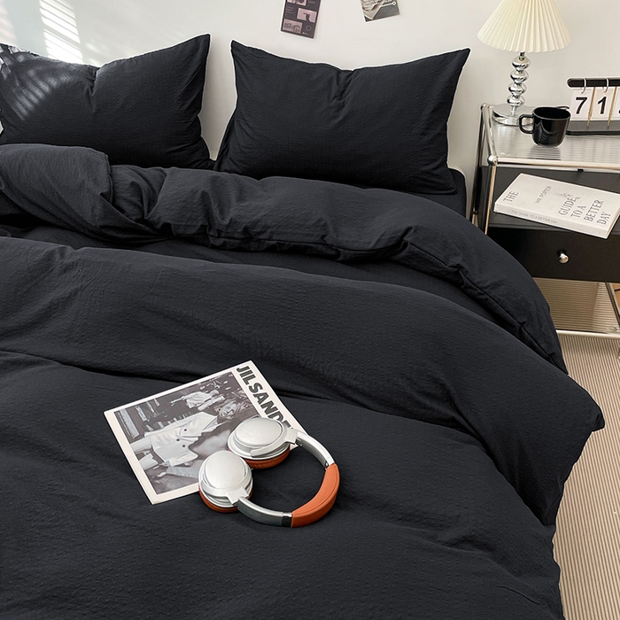 91家纺网 家纺一手货源 找家纺 卡迪熊家纺 2026新款软糯泡芙纱纯色四件套 泡芙-夜影墨黑