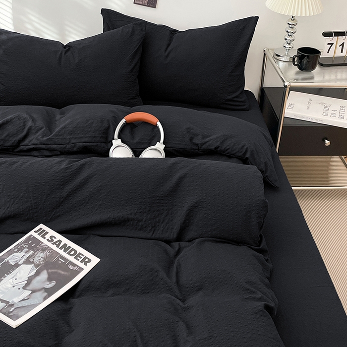 91家纺网 家纺一手货源 找家纺 卡迪熊家纺 2026新款软糯泡芙纱纯色四件套 泡芙-夜影墨黑