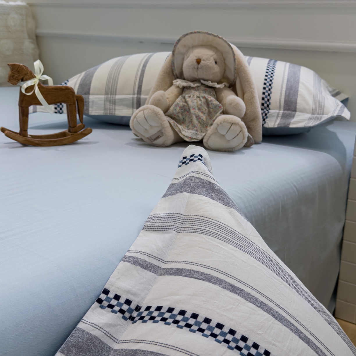 91家纺网 家纺一手货源 找家纺 眠博士 2026新款全棉纯棉水洗色织提花股线四件套 套件-未来 蓝