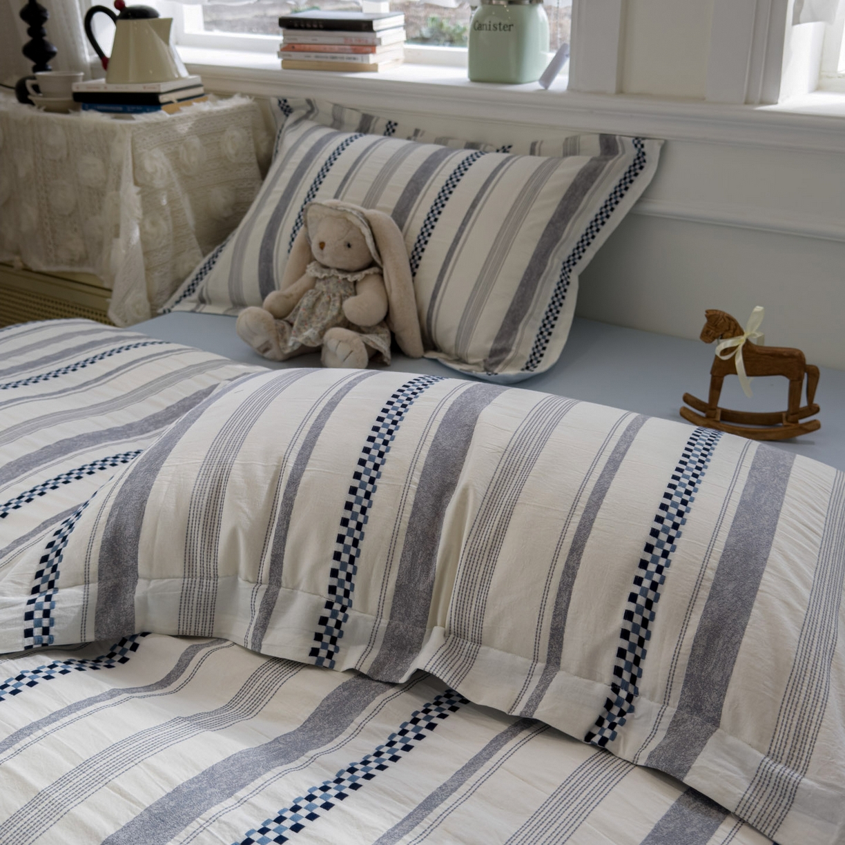 91家纺网 家纺一手货源 找家纺 眠博士 2026新款全棉纯棉水洗色织提花股线四件套 套件-未来 蓝