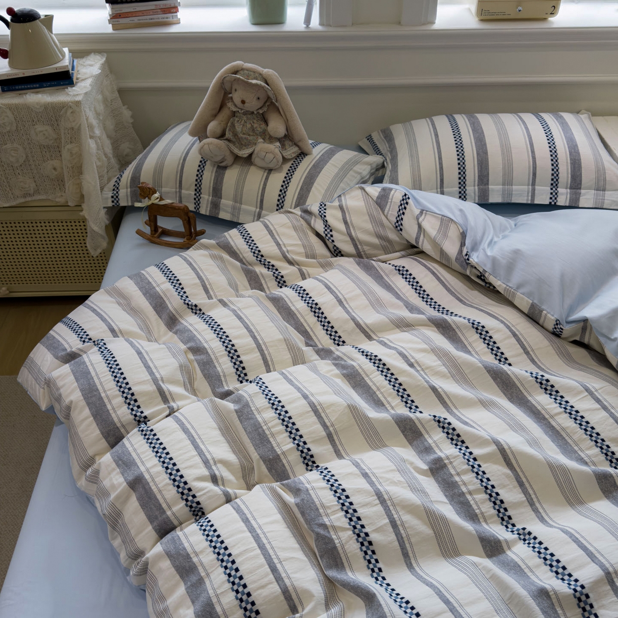 91家纺网 家纺一手货源 找家纺 眠博士 2026新款全棉纯棉水洗色织提花股线四件套 套件-未来 蓝