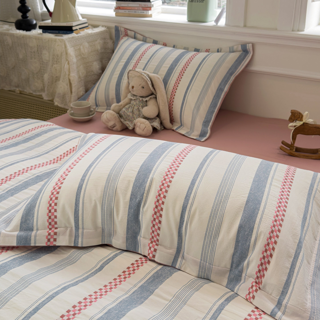 91家纺网 家纺一手货源 找家纺 眠博士 2026新款全棉纯棉水洗色织提花股线四件套 套件-未来 粉