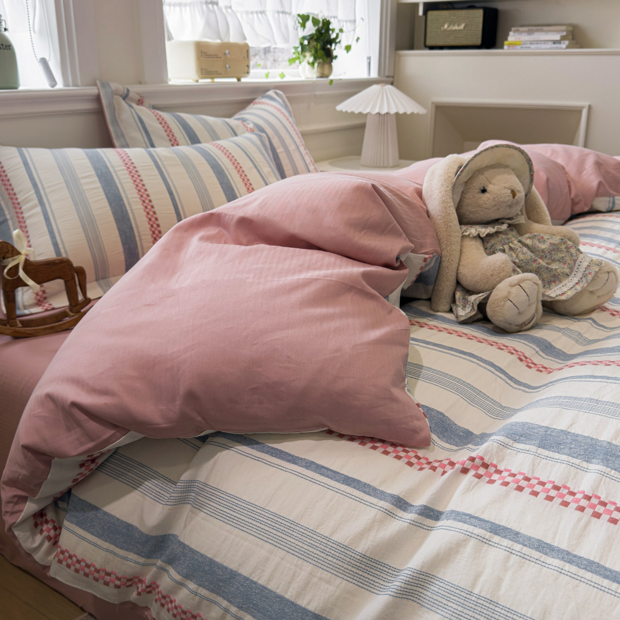 91家纺网 家纺一手货源 找家纺 眠博士 2026新款全棉纯棉水洗色织提花股线四件套 套件-未来 粉