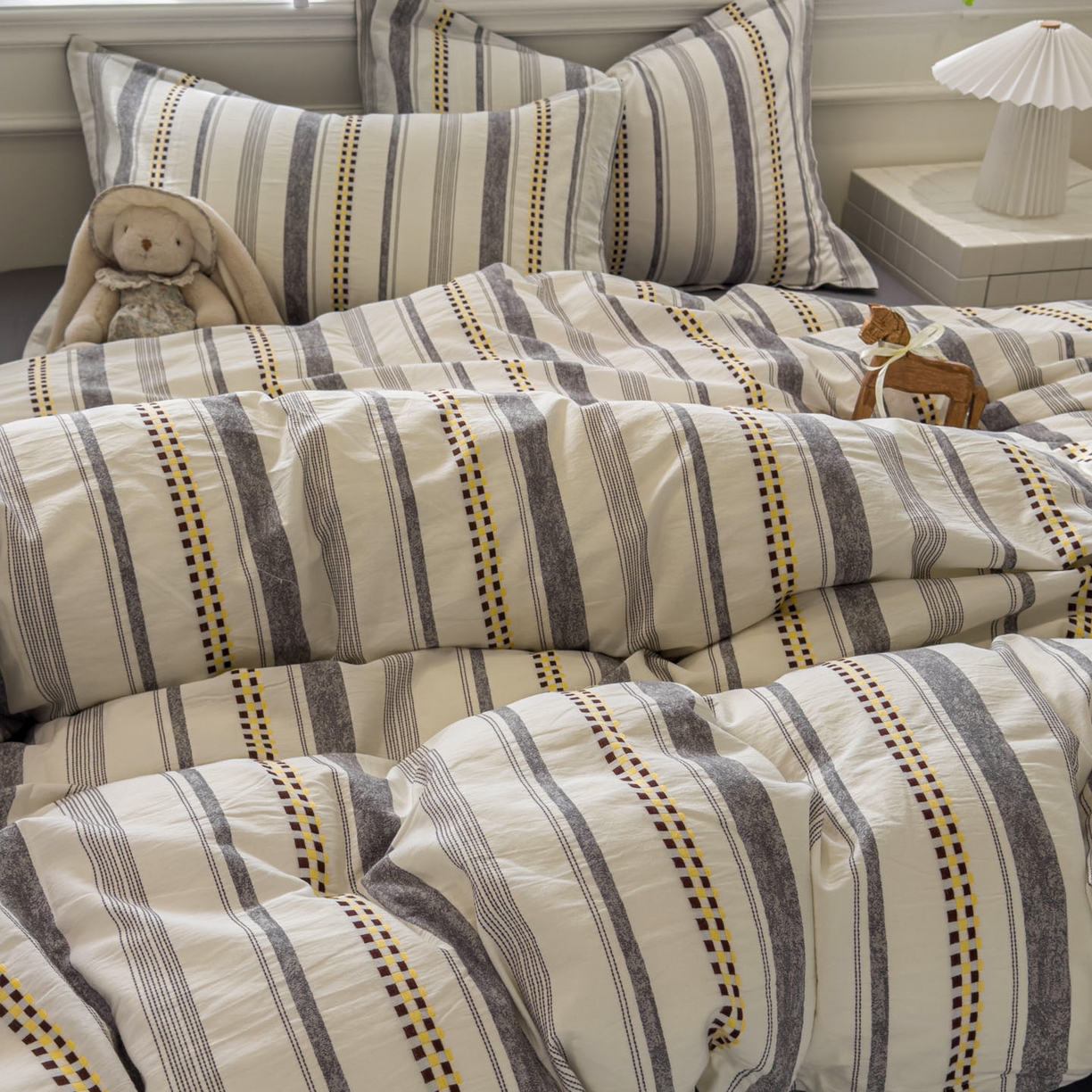 91家纺网 家纺一手货源 找家纺 眠博士 2026新款全棉纯棉水洗色织提花股线四件套 套件-未来 灰