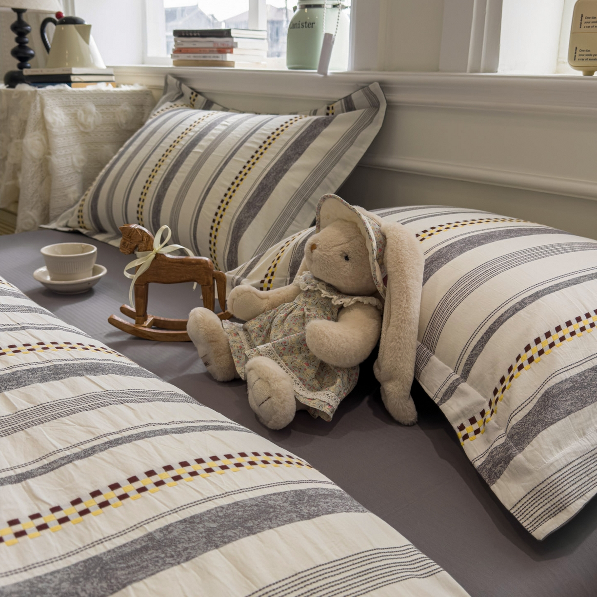 91家纺网 家纺一手货源 找家纺 眠博士 2026新款全棉纯棉水洗色织提花股线四件套 套件-未来 灰