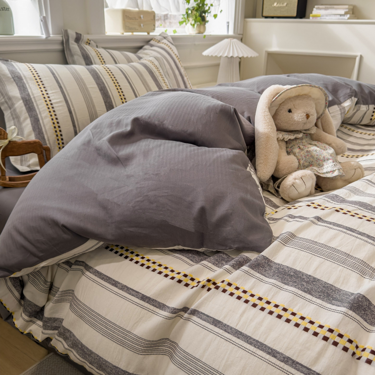 91家纺网 家纺一手货源 找家纺 眠博士 2026新款全棉纯棉水洗色织提花股线四件套 套件-未来 灰