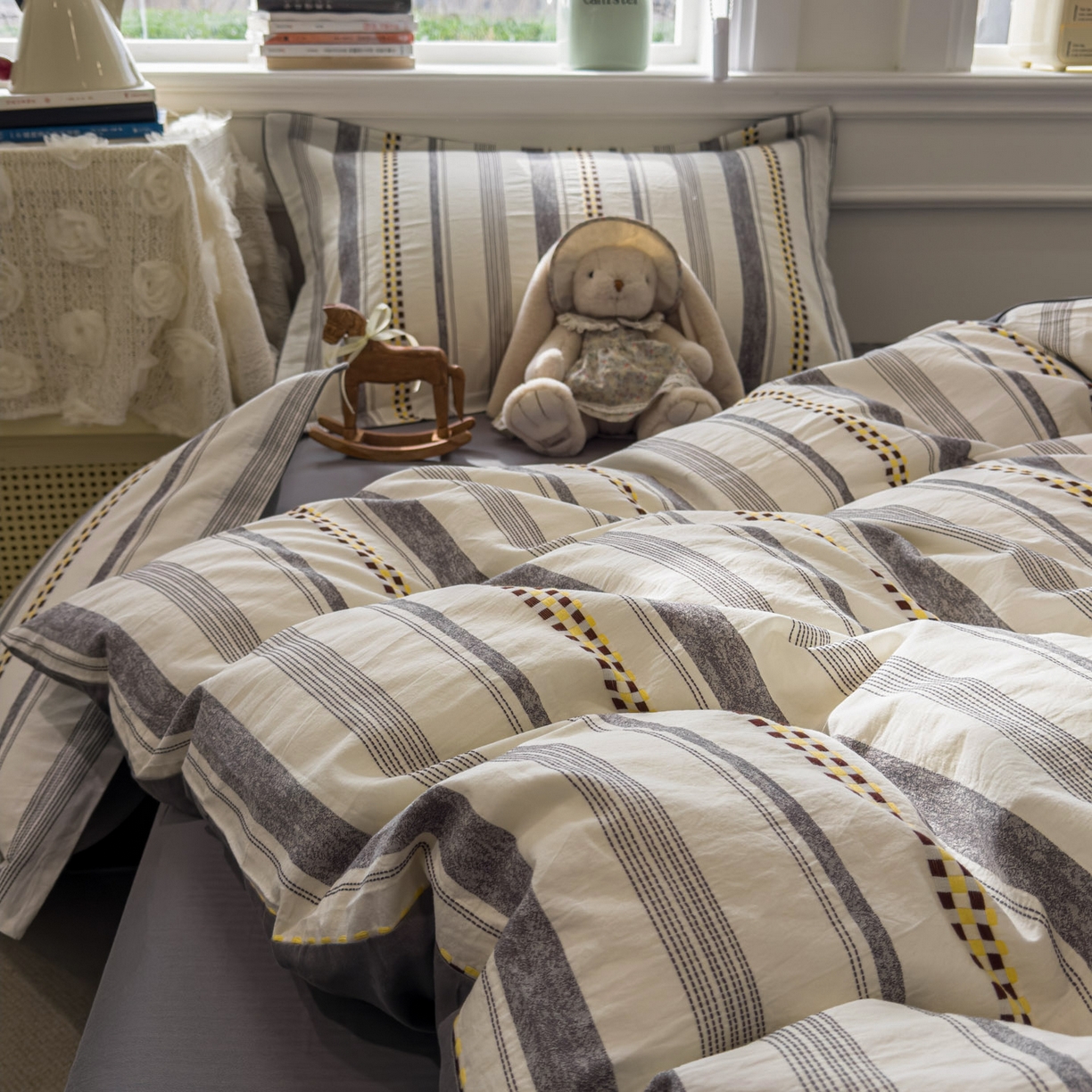 91家纺网 家纺一手货源 找家纺 眠博士 2026新款全棉纯棉水洗色织提花股线四件套 套件-未来 灰