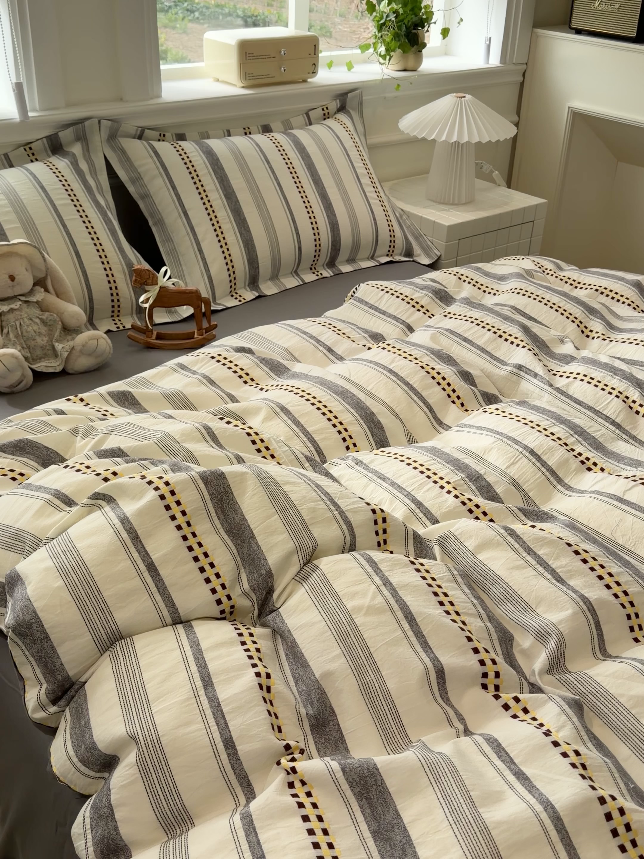 91家纺网 家纺一手货源 找家纺 眠博士 2026新款全棉纯棉水洗色织提花股线四件套 套件-未来 灰