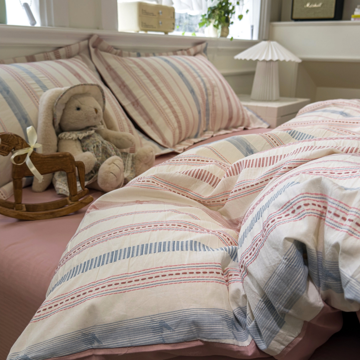 眠博士 2026新款全棉纯棉水洗色织提花股线四件套 套件-素简 粉