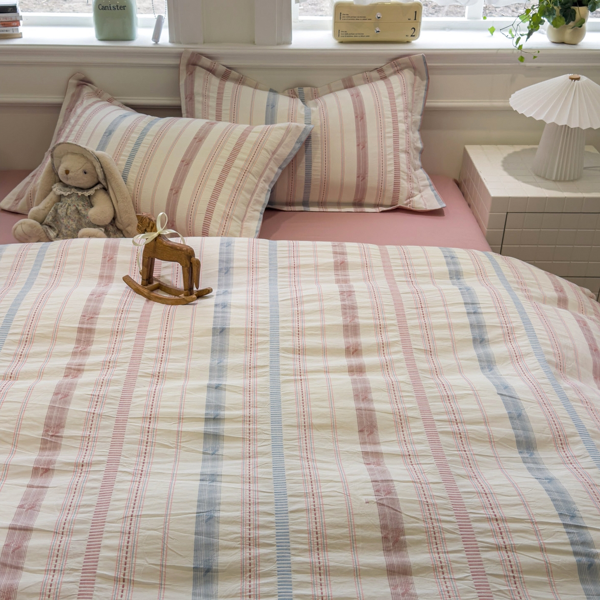 91家纺网 家纺一手货源 找家纺 眠博士 2026新款全棉纯棉水洗色织提花股线四件套 套件-素简 粉