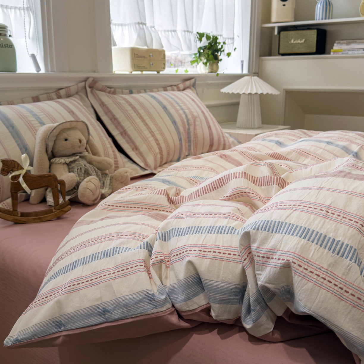 91家纺网 家纺一手货源 找家纺 眠博士 2026新款全棉纯棉水洗色织提花股线四件套 套件-素简 粉