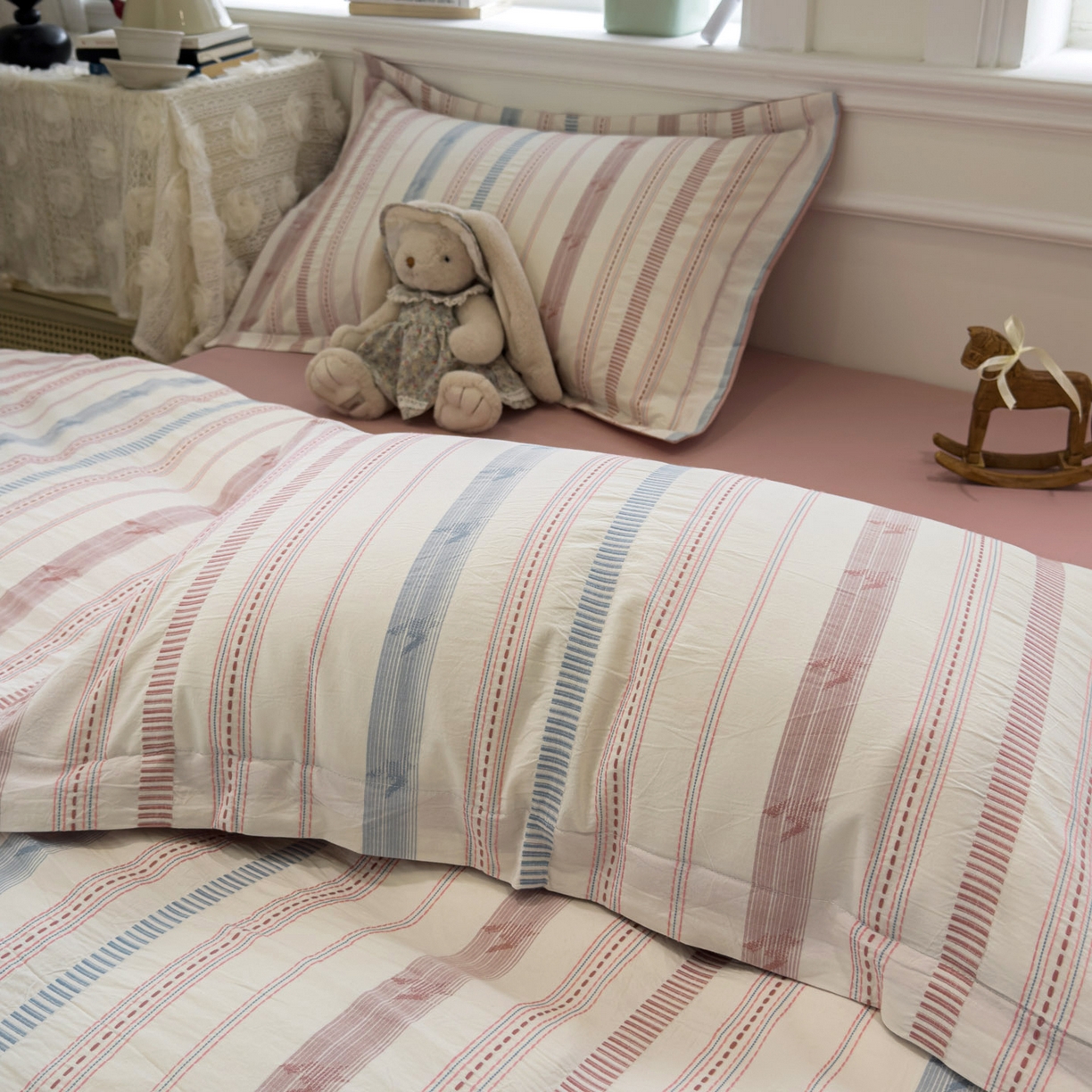 91家纺网 家纺一手货源 找家纺 眠博士 2026新款全棉纯棉水洗色织提花股线四件套 套件-素简 粉