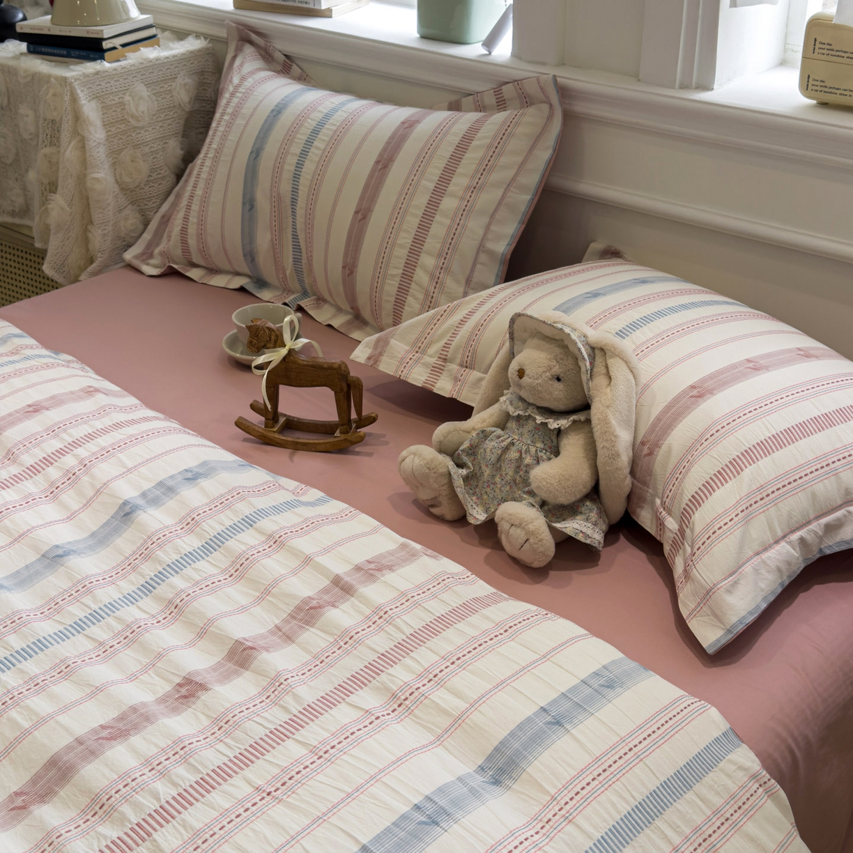 91家纺网 家纺一手货源 找家纺 眠博士 2026新款全棉纯棉水洗色织提花股线四件套 套件-素简 粉