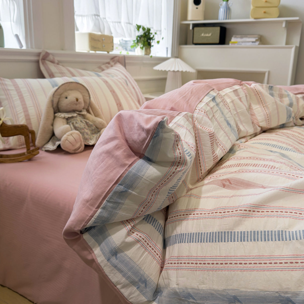 91家纺网 家纺一手货源 找家纺 眠博士 2026新款全棉纯棉水洗色织提花股线四件套 套件-素简 粉