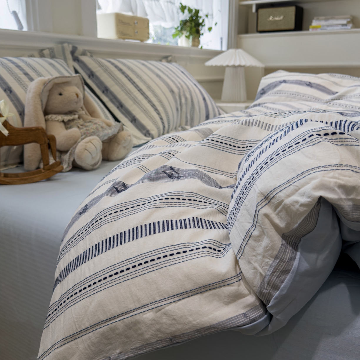 91家纺网 家纺一手货源 找家纺 眠博士 2026新款全棉纯棉水洗色织提花股线四件套 套件-素简 蓝