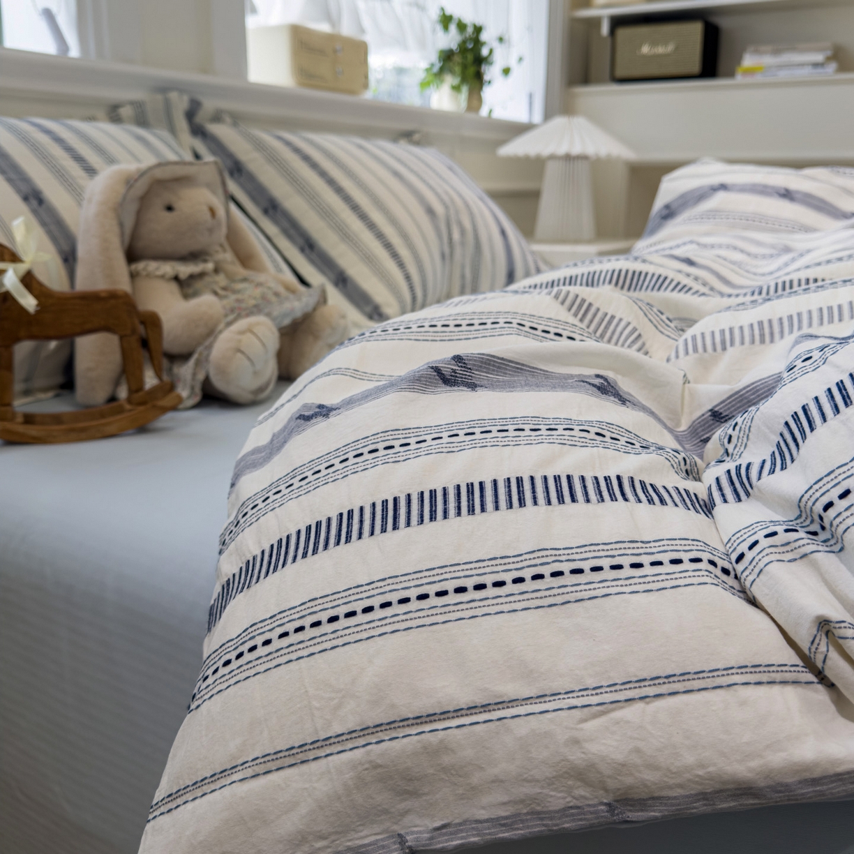 91家纺网 家纺一手货源 找家纺 眠博士 2026新款全棉纯棉水洗色织提花股线四件套 套件-素简 蓝