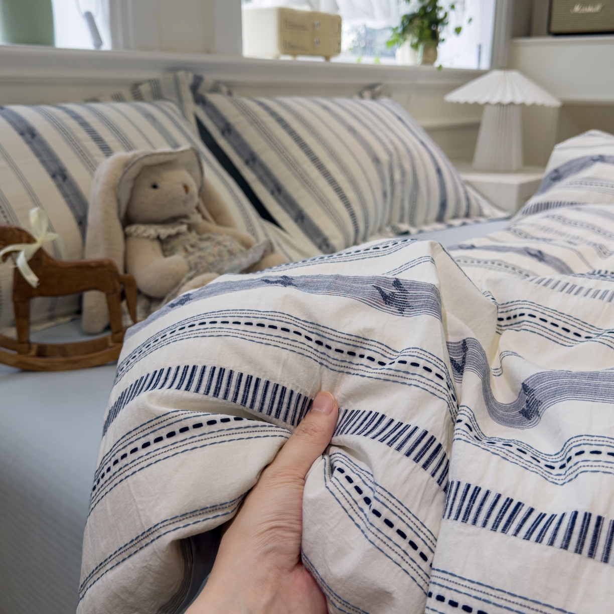 91家纺网 家纺一手货源 找家纺 眠博士 2026新款全棉纯棉水洗色织提花股线四件套 套件-素简 蓝