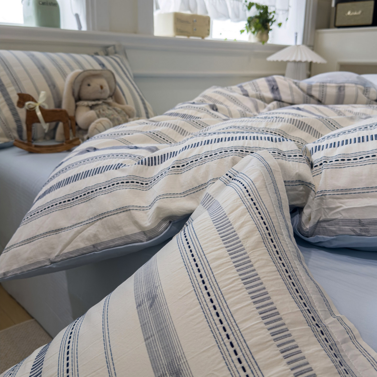 91家纺网 家纺一手货源 找家纺 眠博士 2026新款全棉纯棉水洗色织提花股线四件套 套件-素简 蓝