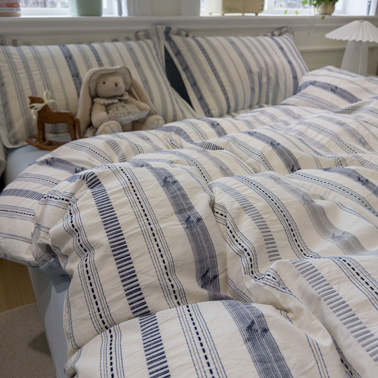 91家纺网 家纺一手货源 找家纺 眠博士 2026新款全棉纯棉水洗色织提花股线四件套 套件-素简 蓝