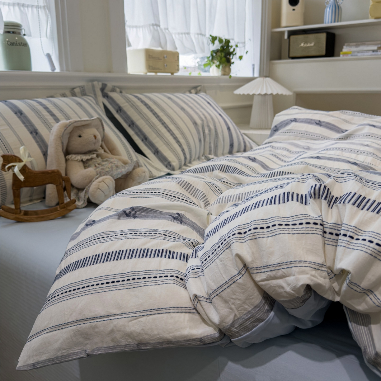 91家纺网 家纺一手货源 找家纺 眠博士 2026新款全棉纯棉水洗色织提花股线四件套 套件-素简 蓝