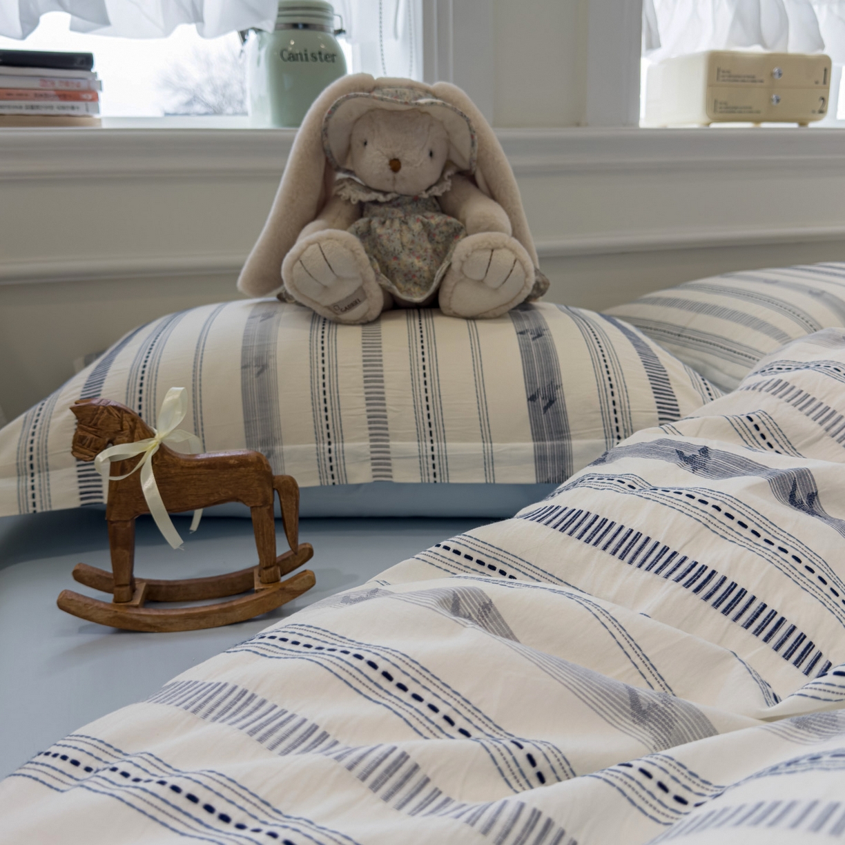 91家纺网 家纺一手货源 找家纺 眠博士 2026新款全棉纯棉水洗色织提花股线四件套 套件-素简 蓝