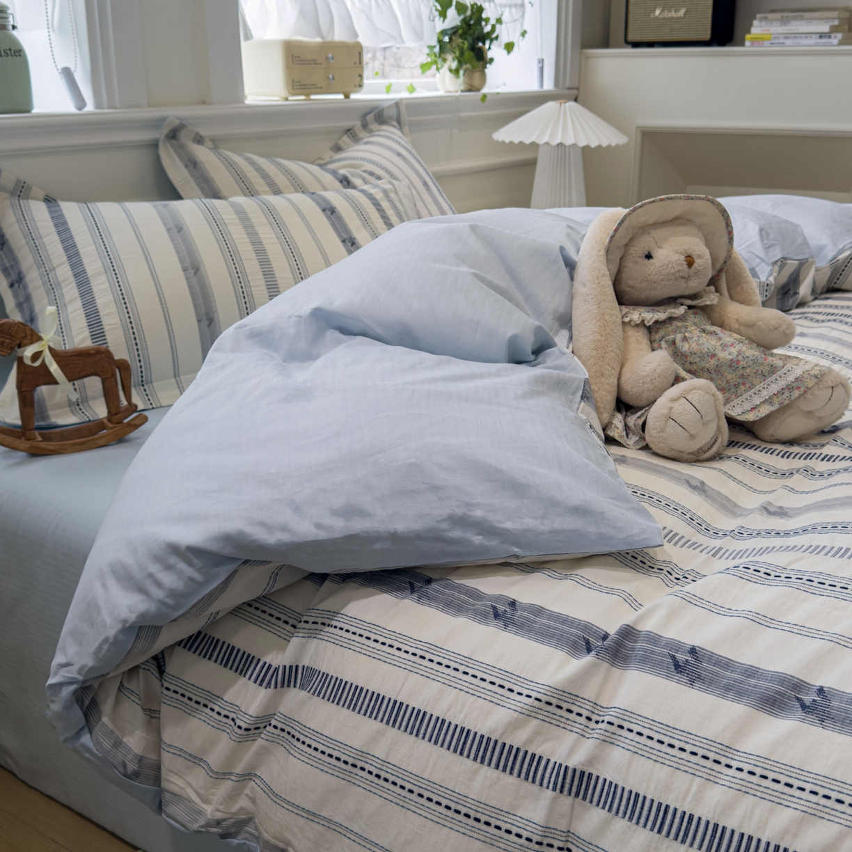 91家纺网 家纺一手货源 找家纺 眠博士 2026新款全棉纯棉水洗色织提花股线四件套 套件-素简 蓝