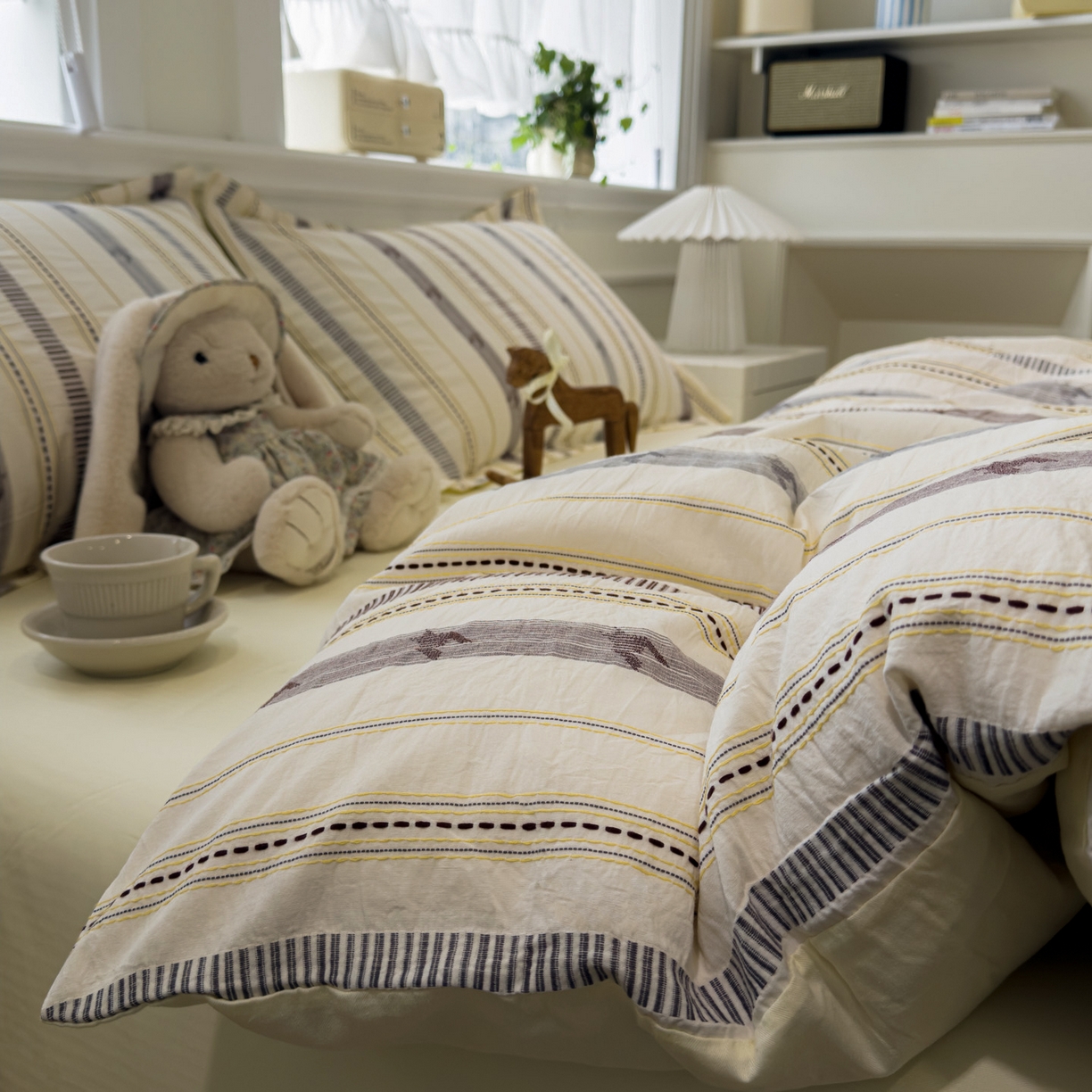 眠博士 2026新款全棉纯棉水洗色织提花股线四件套 套件-素简 米