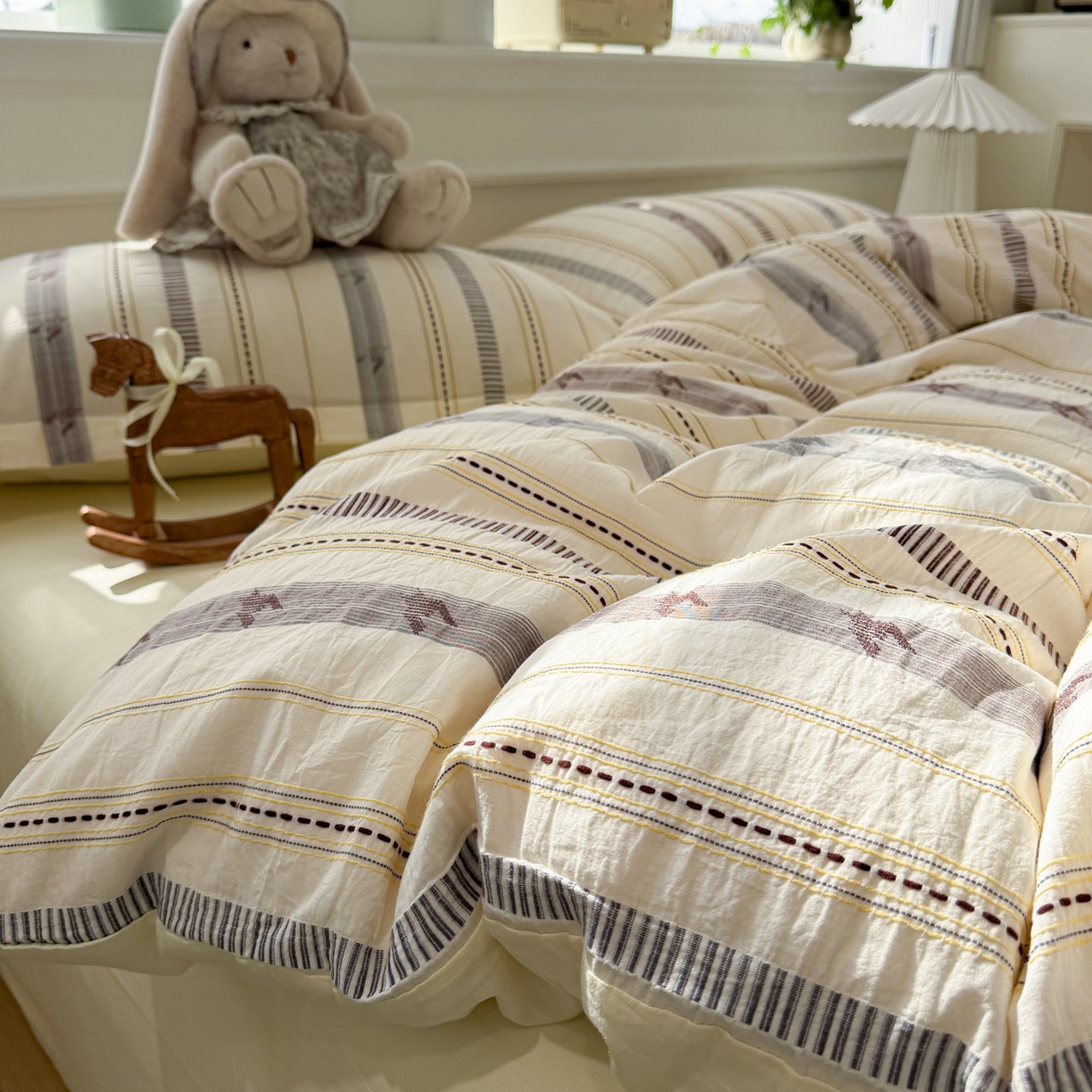 91家纺网 家纺一手货源 找家纺 眠博士 2026新款全棉纯棉水洗色织提花股线四件套 套件-素简 米