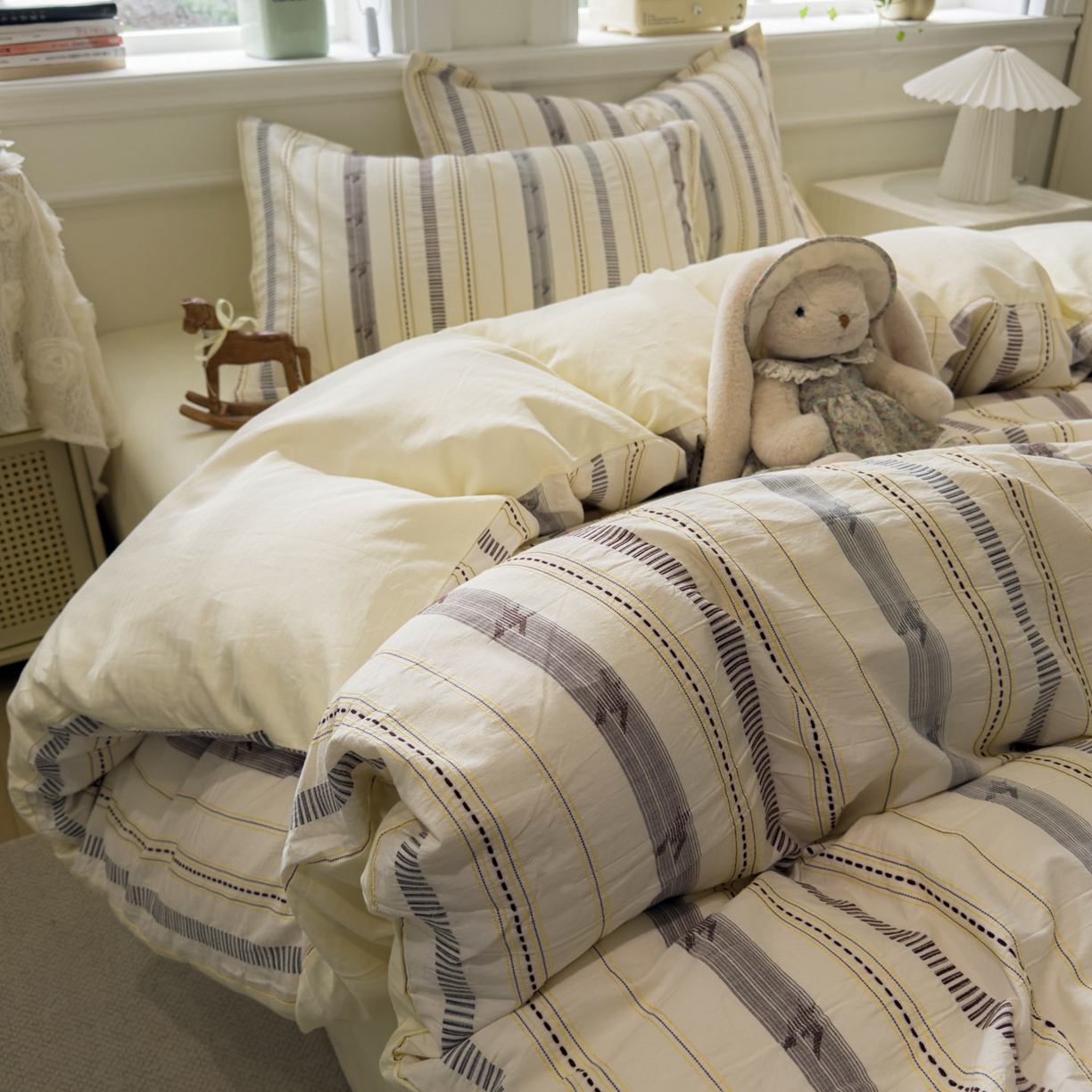 91家纺网 家纺一手货源 找家纺 眠博士 2026新款全棉纯棉水洗色织提花股线四件套 套件-素简 米