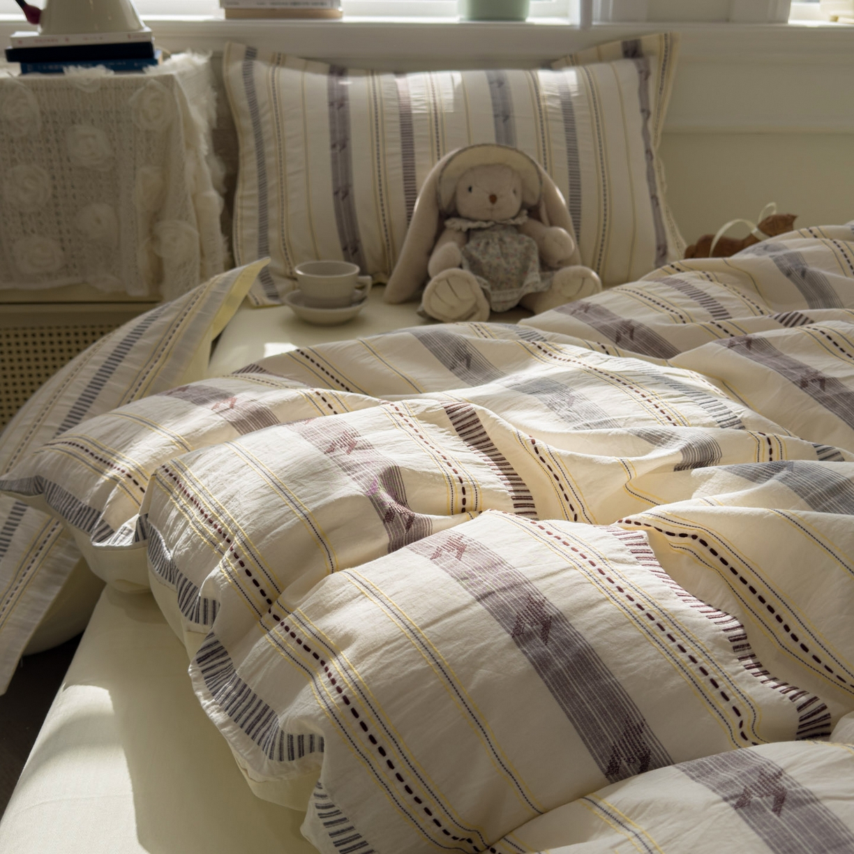 91家纺网 家纺一手货源 找家纺 眠博士 2026新款全棉纯棉水洗色织提花股线四件套 套件-素简 米