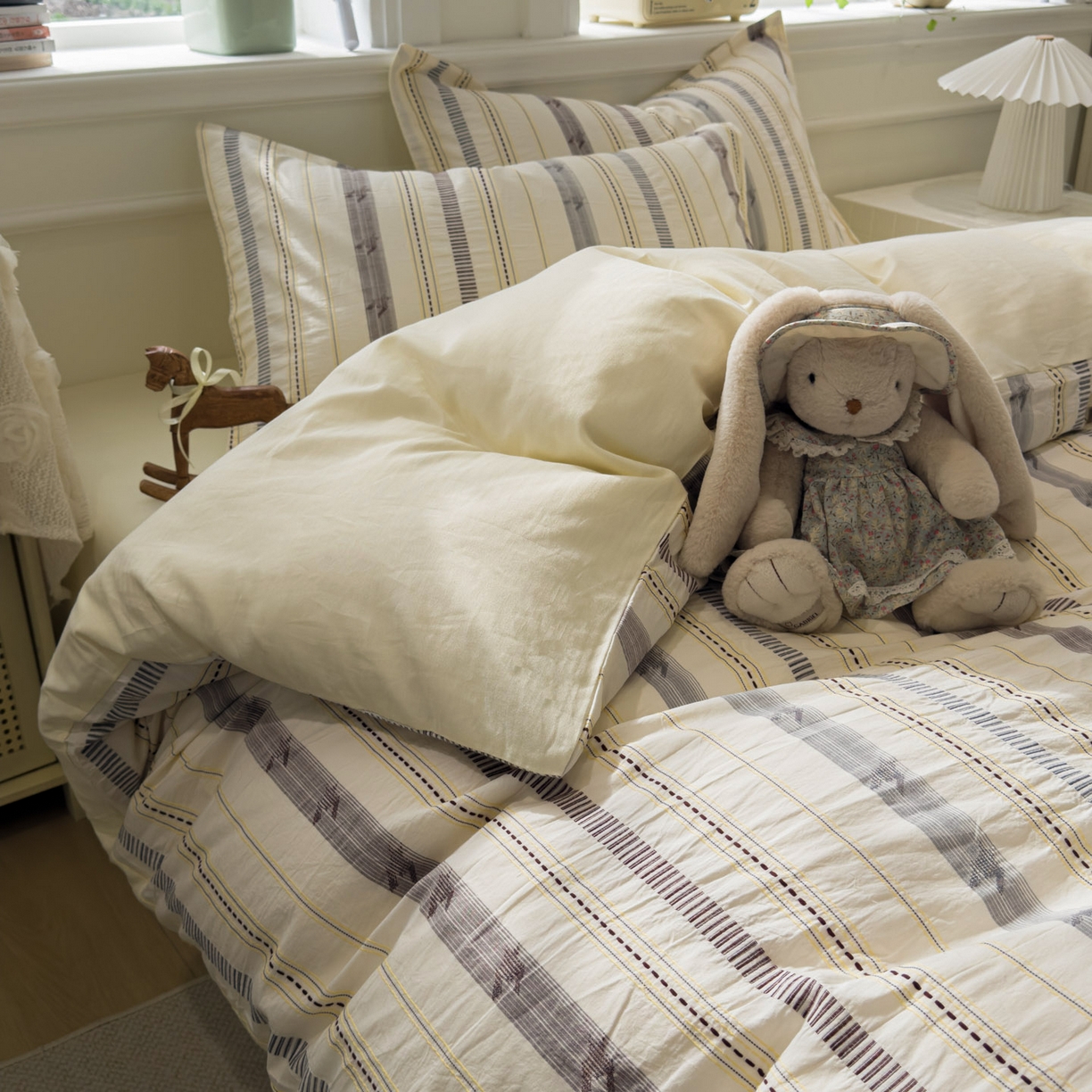 91家纺网 家纺一手货源 找家纺 眠博士 2026新款全棉纯棉水洗色织提花股线四件套 套件-素简 米