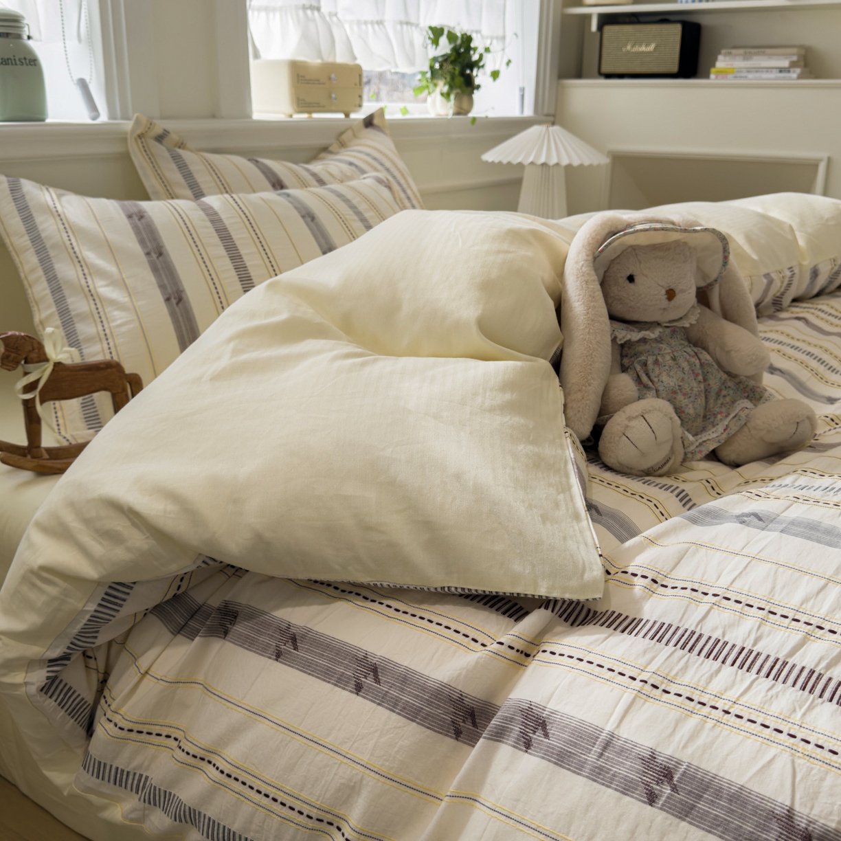 91家纺网 家纺一手货源 找家纺 眠博士 2026新款全棉纯棉水洗色织提花股线四件套 套件-素简 米