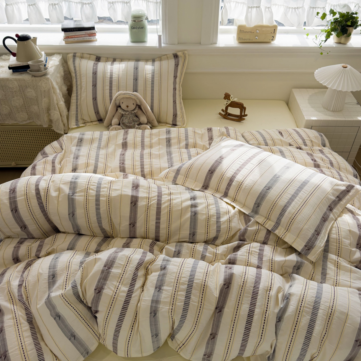 91家纺网 家纺一手货源 找家纺 眠博士 2026新款全棉纯棉水洗色织提花股线四件套 套件-素简 米