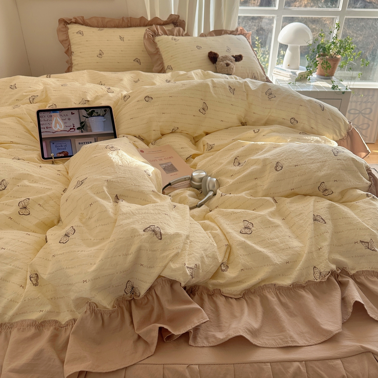 91家纺网 家纺一手货源 找家纺 韩都家居 2026新款韩系大花边系列古棉四件套 蝴蝶