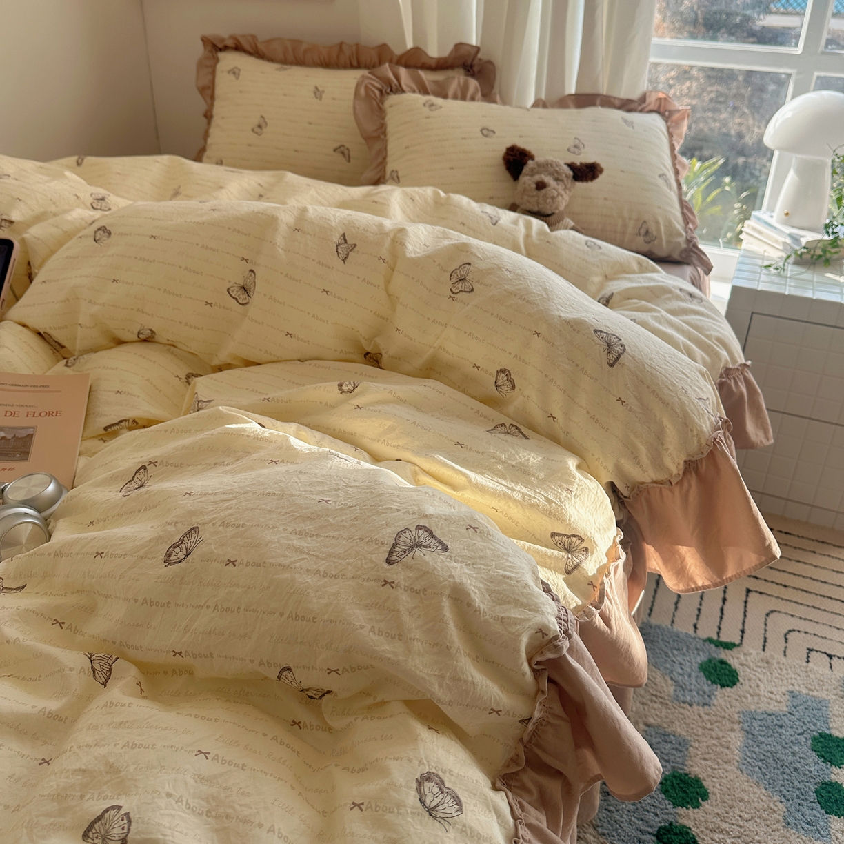 91家纺网 家纺一手货源 找家纺 韩都家居 2026新款韩系大花边系列古棉四件套 蝴蝶