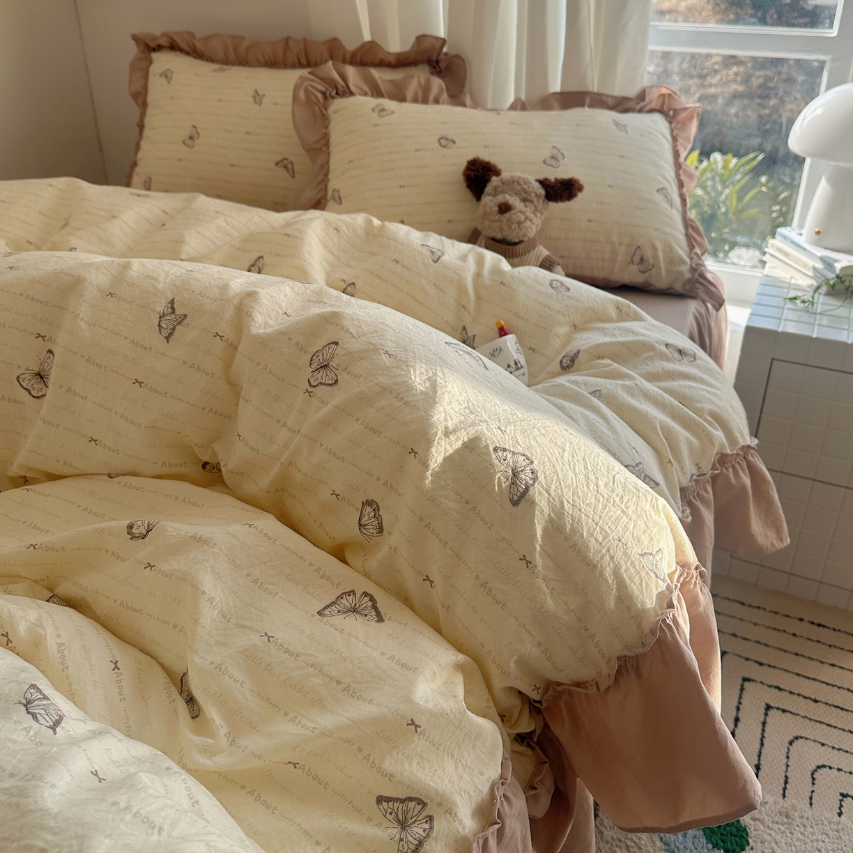 91家纺网 家纺一手货源 找家纺 韩都家居 2026新款韩系大花边系列古棉四件套 蝴蝶