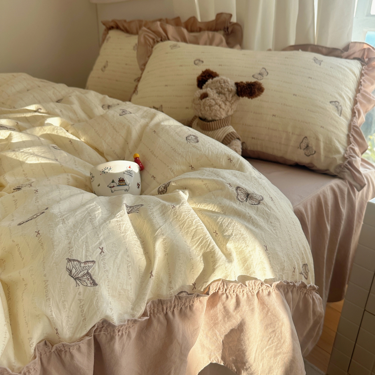 91家纺网 家纺一手货源 找家纺 韩都家居 2026新款韩系大花边系列古棉四件套 蝴蝶