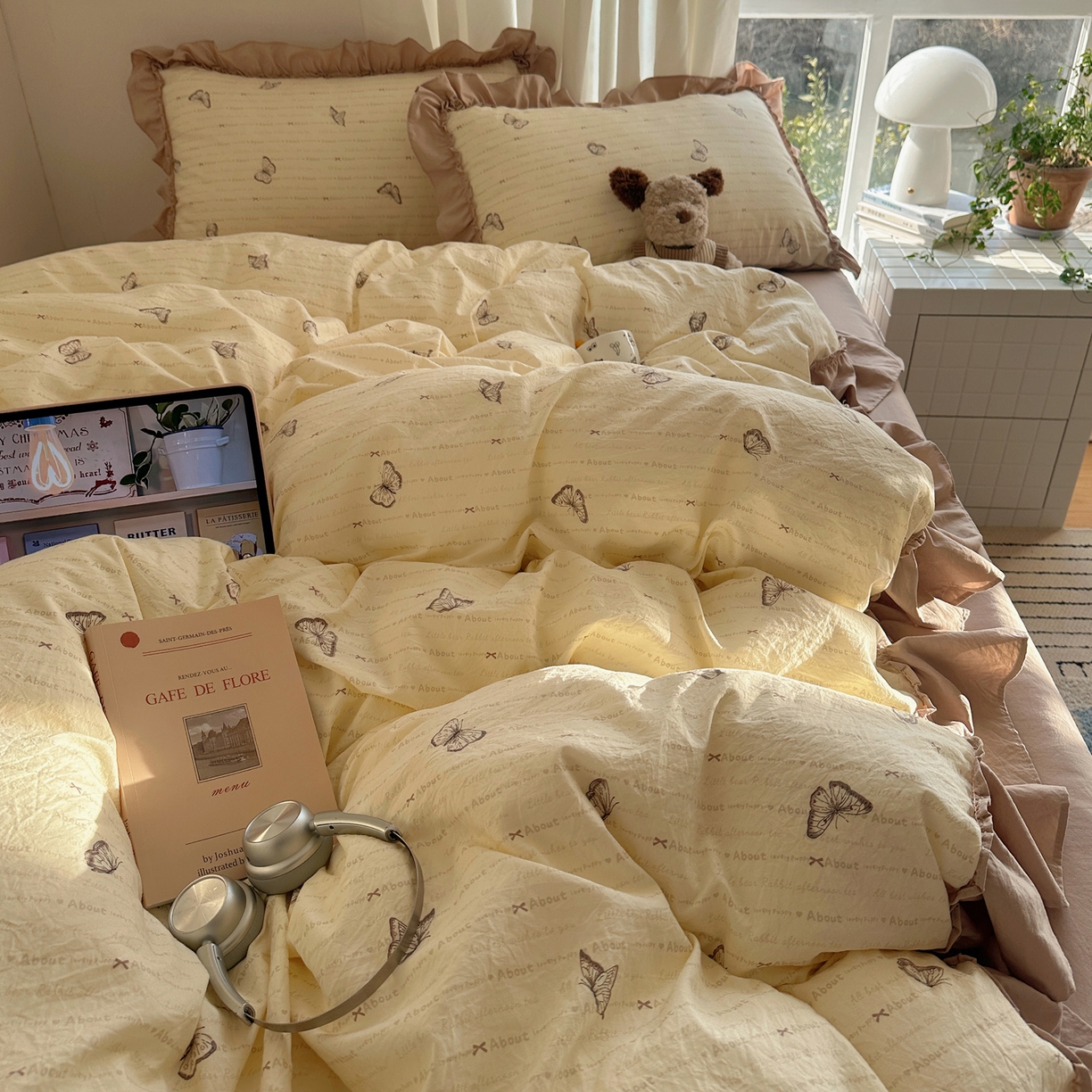 91家纺网 家纺一手货源 找家纺 韩都家居 2026新款韩系大花边系列古棉四件套 蝴蝶