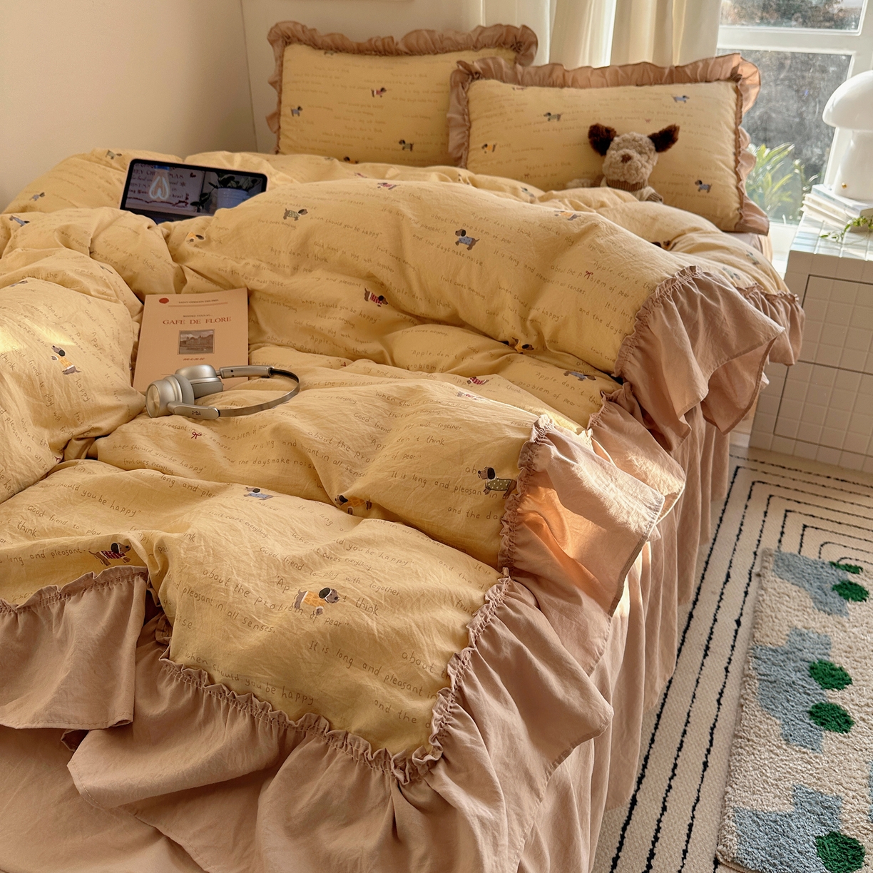 韩都家居 2026新款韩系大花边系列古棉四件套 斑珈狗